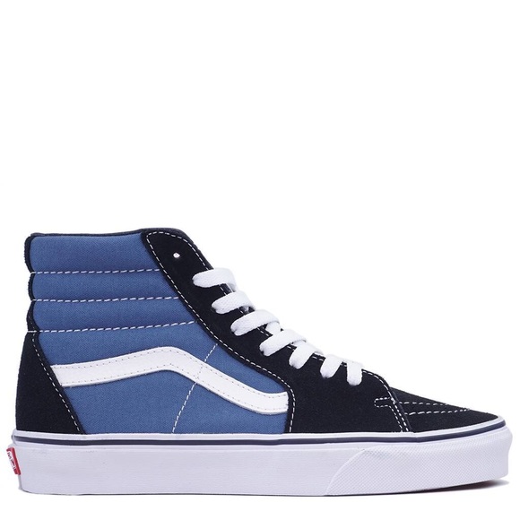 navy blue and white high top vans